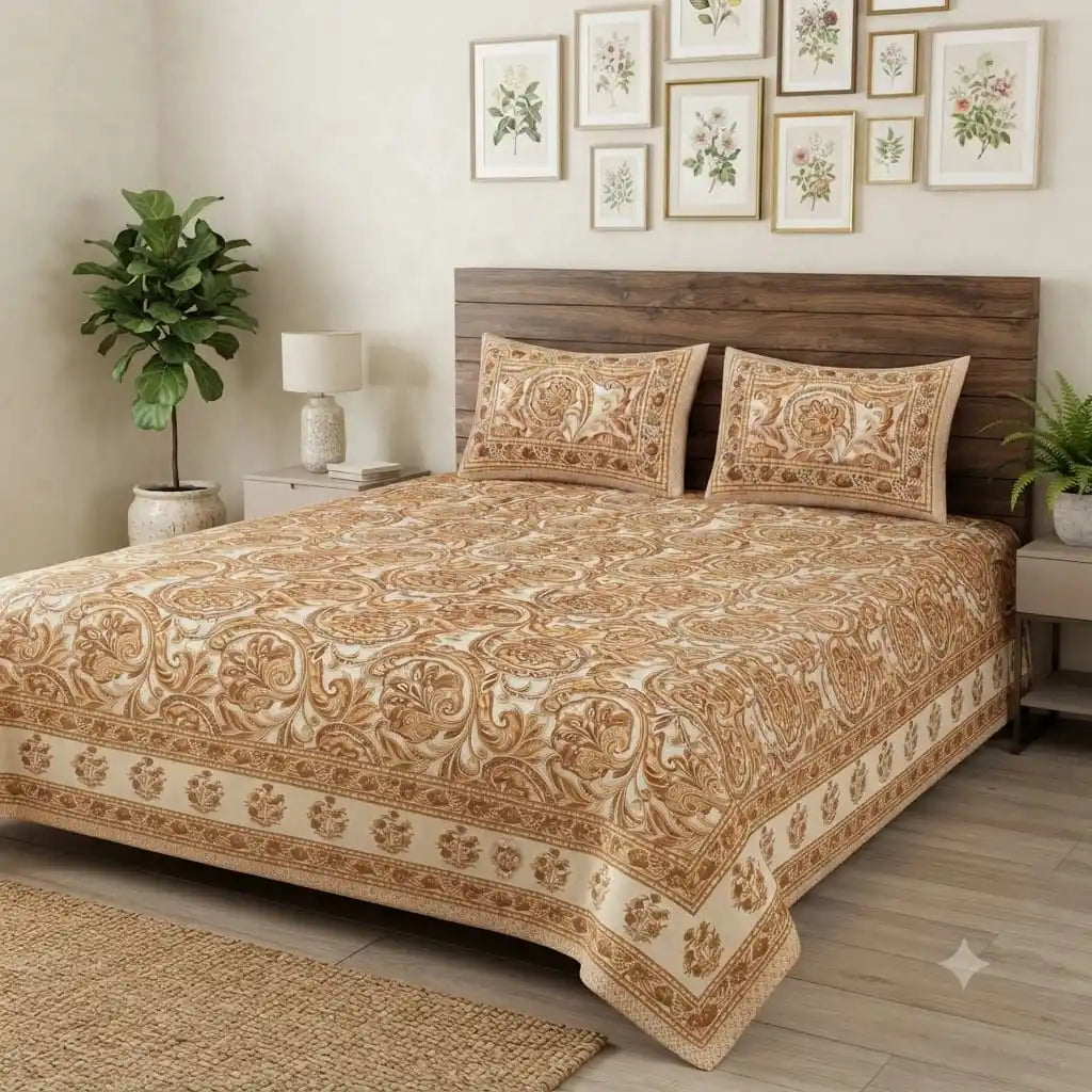 Jaipuri cotton super king bedsheet in a beautifully decorated bedroom setting with floral wall art.