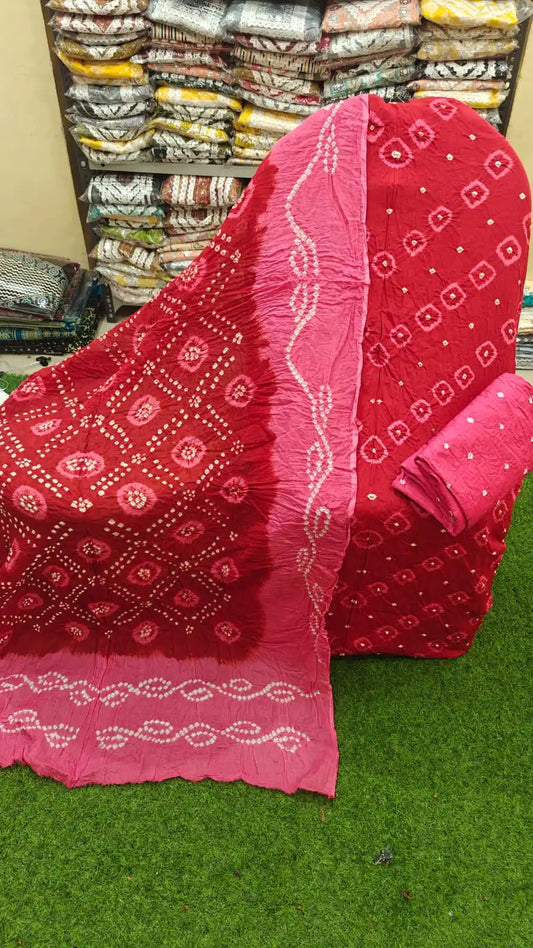 Unstitched hand tye dye bandhej suit