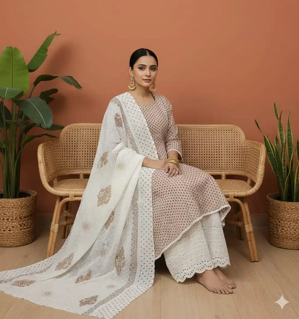 READYMADE ANARKALI WITH FLAIR, CHIKENKARI DUPATTA COTTON, CHIKENKARI BOTTOM PLAZO PANT