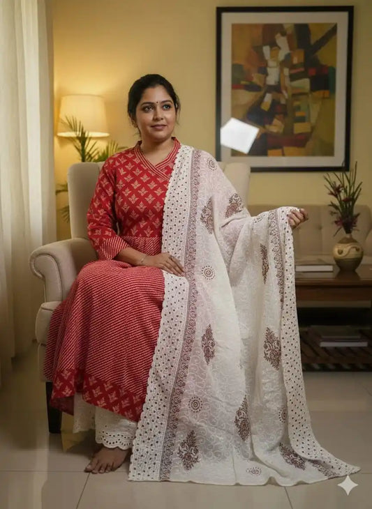 READYMADE ANARKALI WITH FLAIR, CHIKENKARI DUPATTA COTTON, CHIKENKARI BOTTOM PLAZO PANT