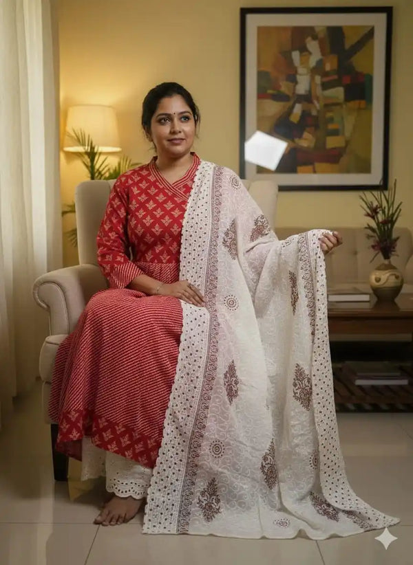 READYMADE ANARKALI WITH FLAIR, CHIKENKARI DUPATTA COTTON, CHIKENKARI BOTTOM PLAZO PANT