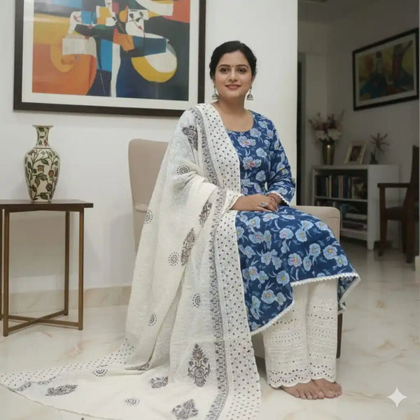 READYMADE ANARKALI WITH FLAIR, CHIKENKARI DUPATTA COTTON, CHIKENKARI BOTTOM PLAZO PANT