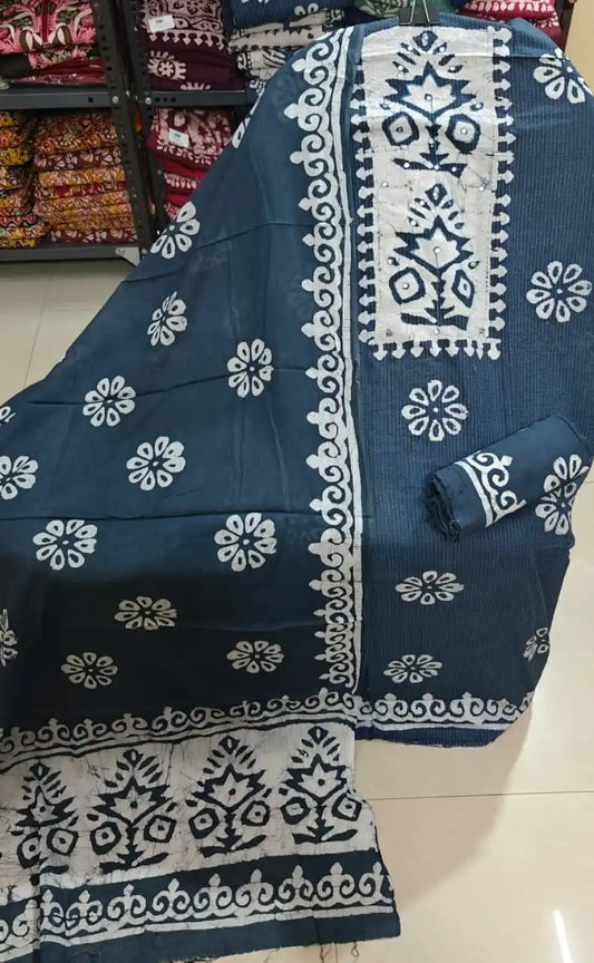 Slate Blue Batik Print Cotton Fabric Suit Material with Slub Texture & Festive Patch Yoke