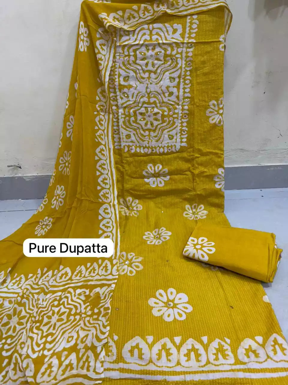 Mustard Yellow Ethnic Unstitched Batik Dress Material & pure chiffon dupatta