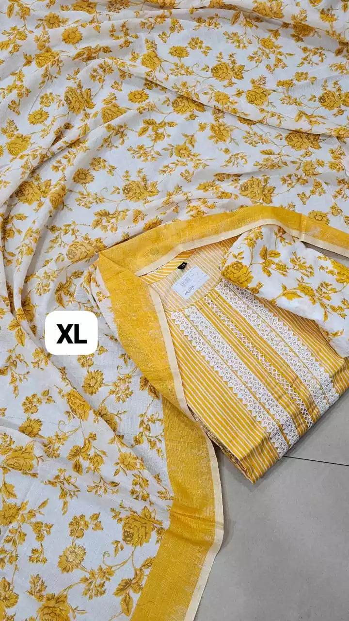 Readymade cotton crochet lace suit with neck embroidered straight cut