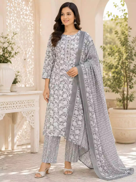 Grey Floral Print Cotton Suit Set