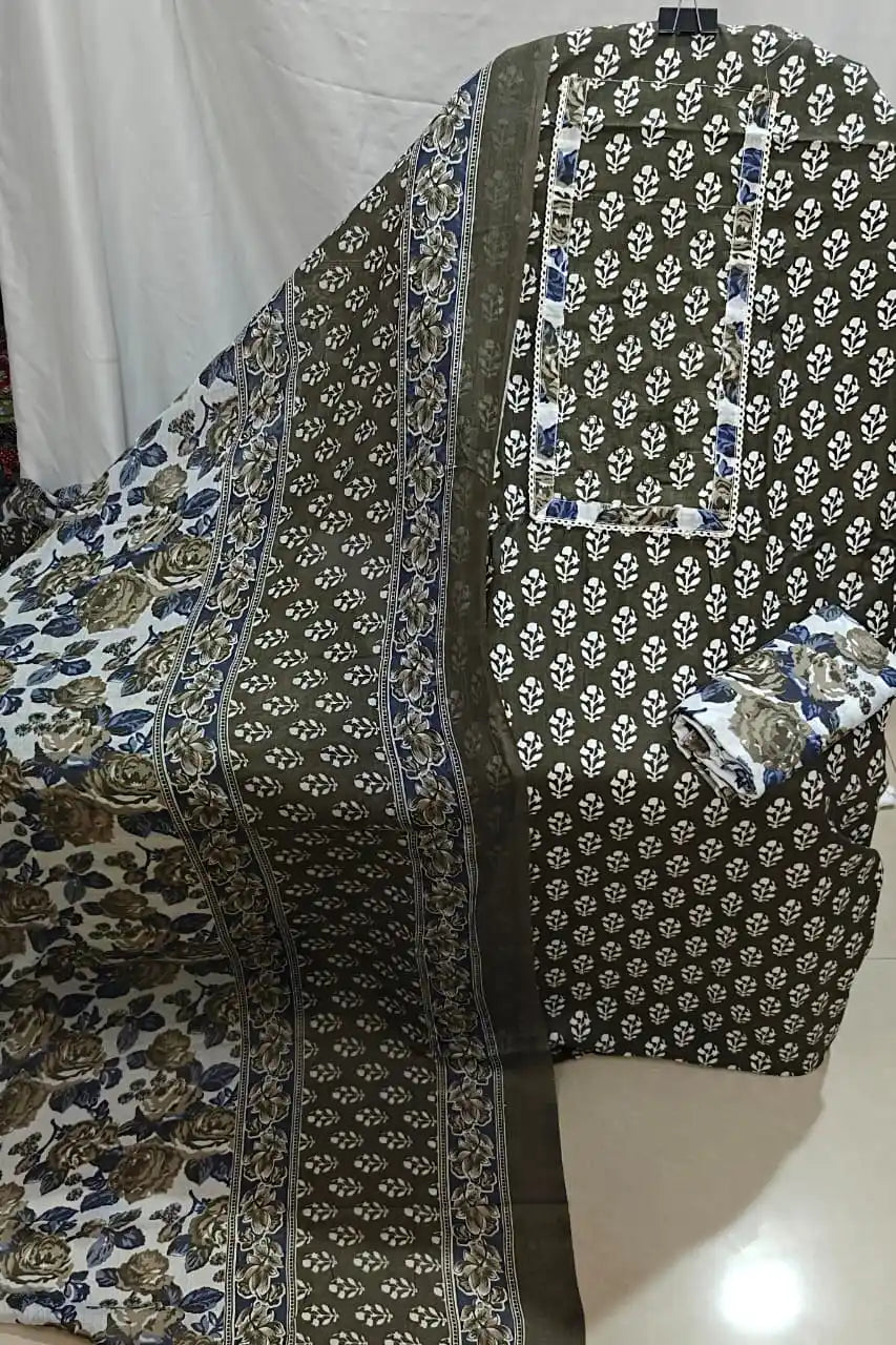 A showcase of an olive green cotton unstitched dress material by ASC, featuring all-over traditional white booti patterns, a framed neck patti, and a soft dupatta styled with rich olive and cream floral borders.