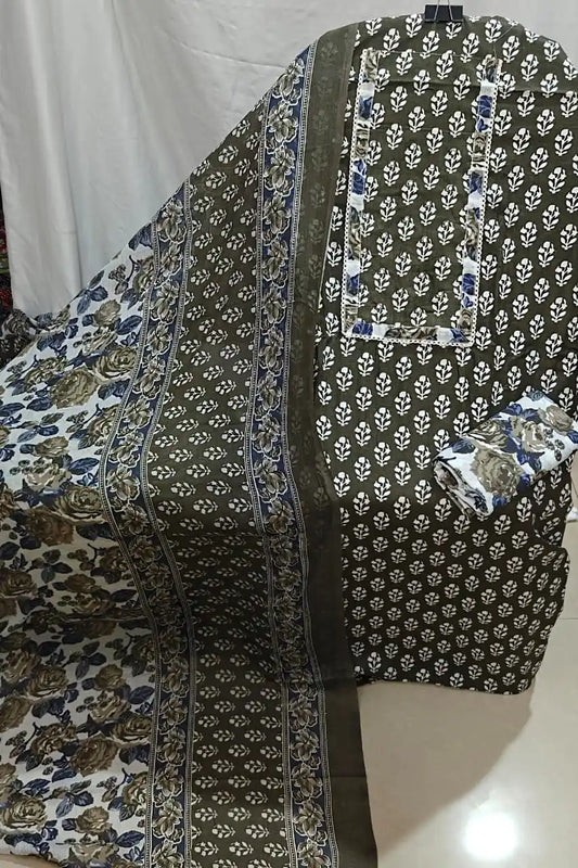 A showcase of an olive green cotton unstitched dress material by ASC, featuring all-over traditional white booti patterns, a framed neck patti, and a soft dupatta styled with rich olive and cream floral borders.