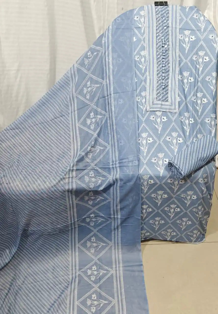 Sky Blue Cotton Unstitched Dress Material By ASC