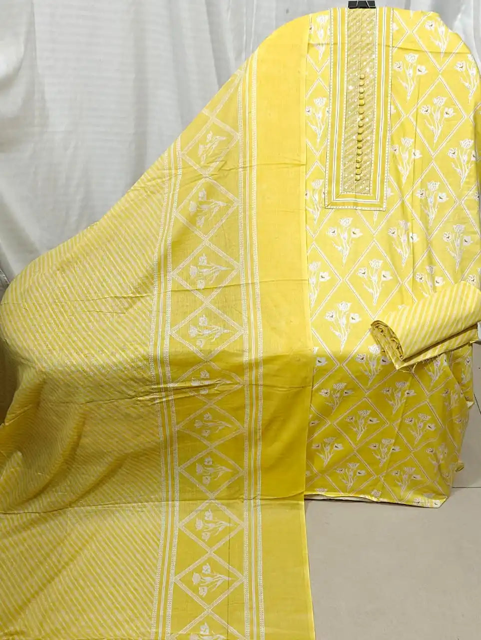 Lemon Yellow Cotton Unstitched Dress Material By ASC
