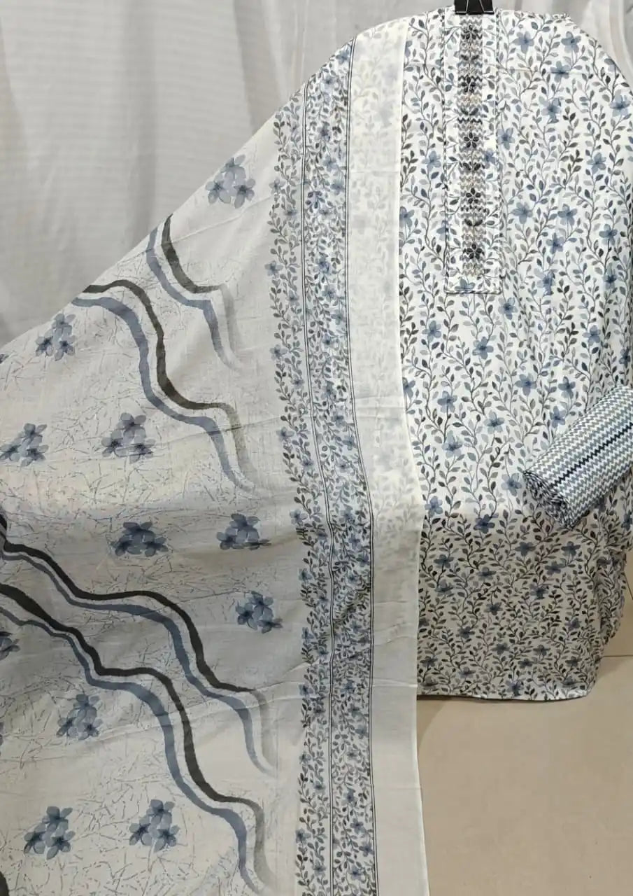 Blue Floral Cotton Unstitched Dress Material By ASC