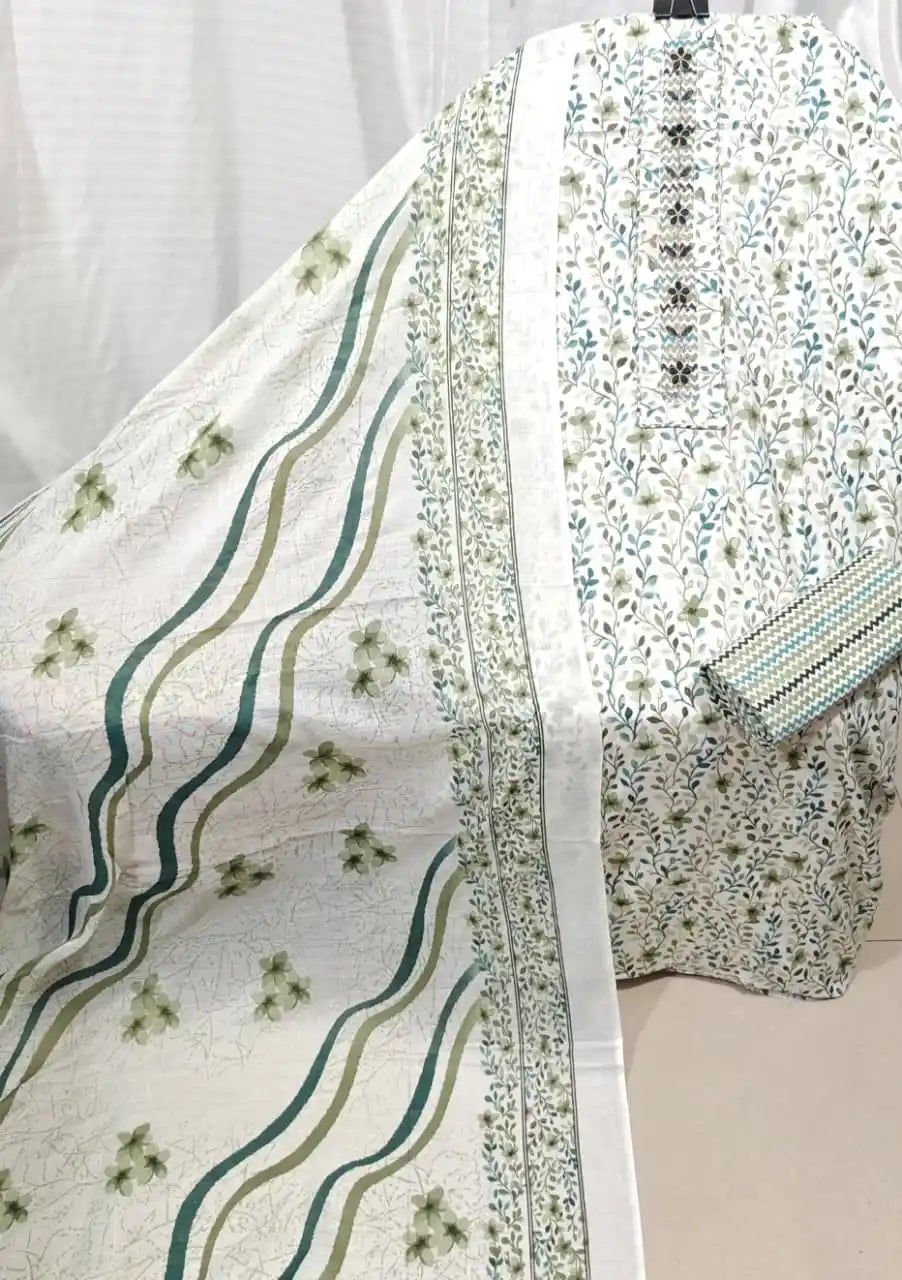 Green Floral Cotton Unstitched Dress Material By ASC