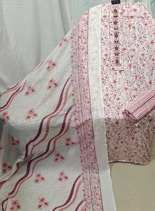 A delicate white cotton unstitched dress material by ASC, covered in sweet pink leafy branch prints, featuring a matching vertical embroidered neck panel, and a coordinated white dupatta with wavy pink accents and floral borders.