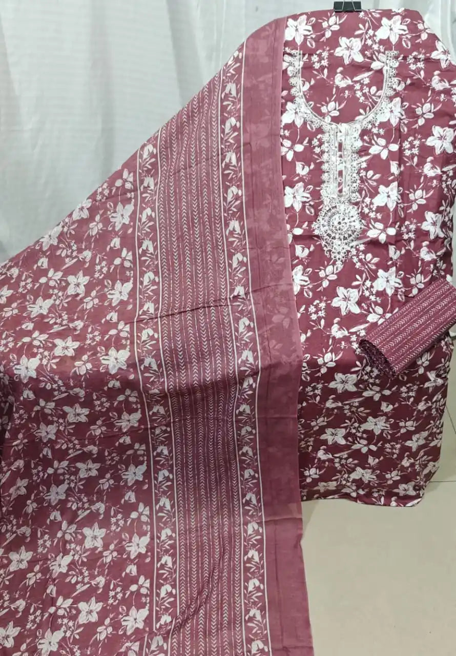 Wine Pink Cotton Unstitched Dress Material By ASC