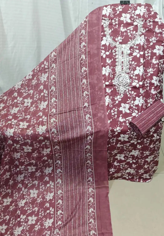 Wine Pink Cotton Unstitched Dress Material By ASC