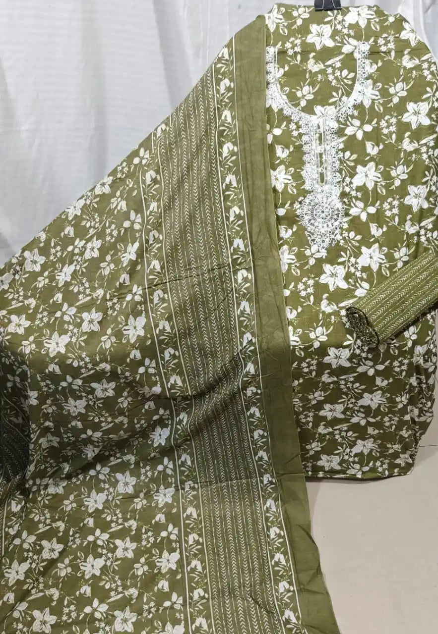 An elegant olive green cotton unstitched suit fabric by ASC, showcasing a dense white floral jaal pattern, an intricate white embroidered neckline with traditional cutout motifs, and a matching olive dupatta with coordinated white prints.