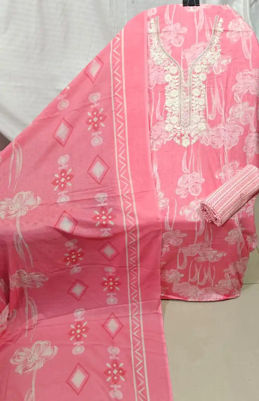 An elegant peach pink cotton unstitched suit fabric by ASC, showcasing an artistic white sketch floral jaal, an intricate white embroidered neckline, a coordinated pink-and-white chevron print bottom piece, and a matching pink dupatta featuring abstract diamond shapes and flower borders.