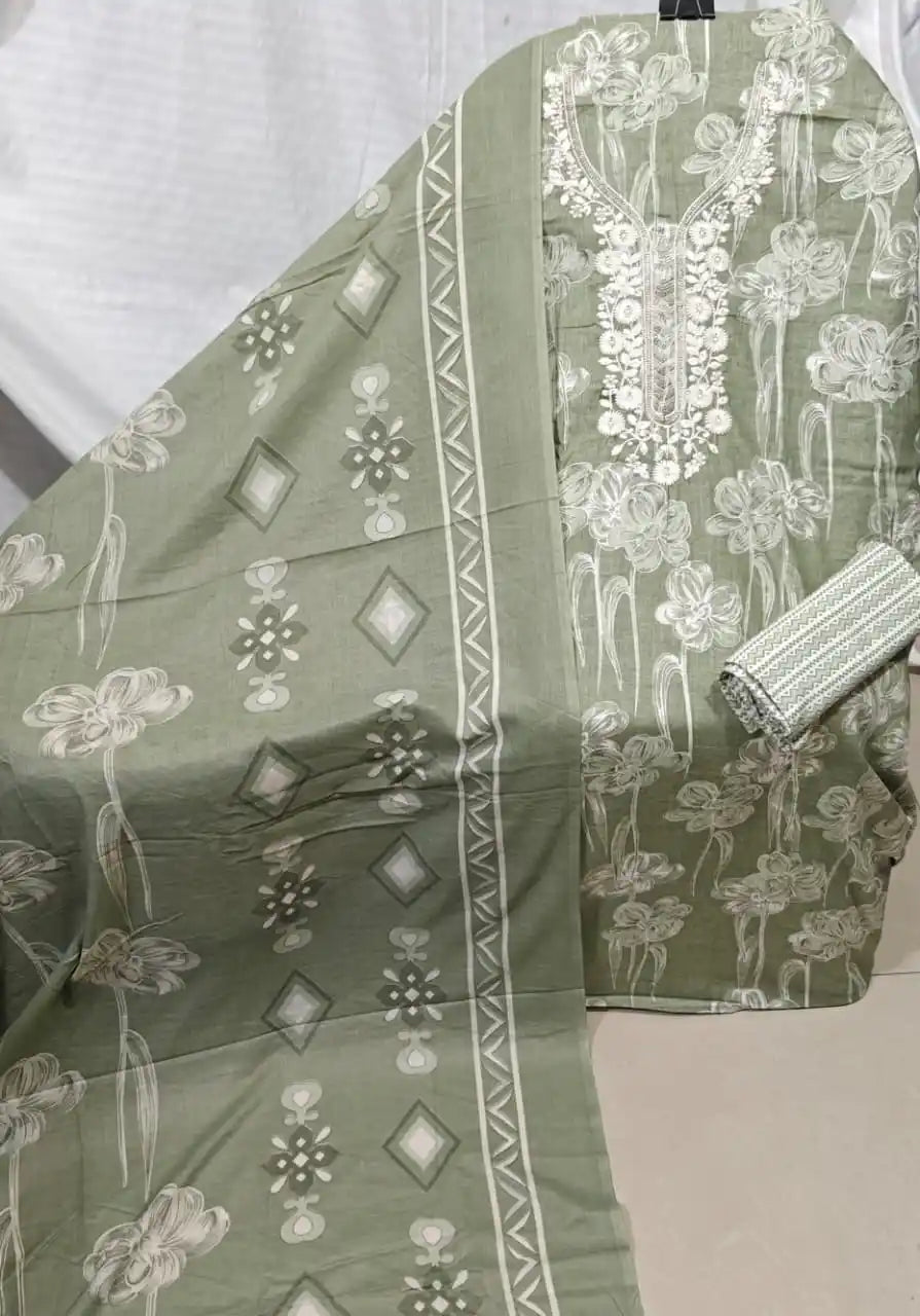 Green Floral Cotton Unstitched Dress Material By ASC