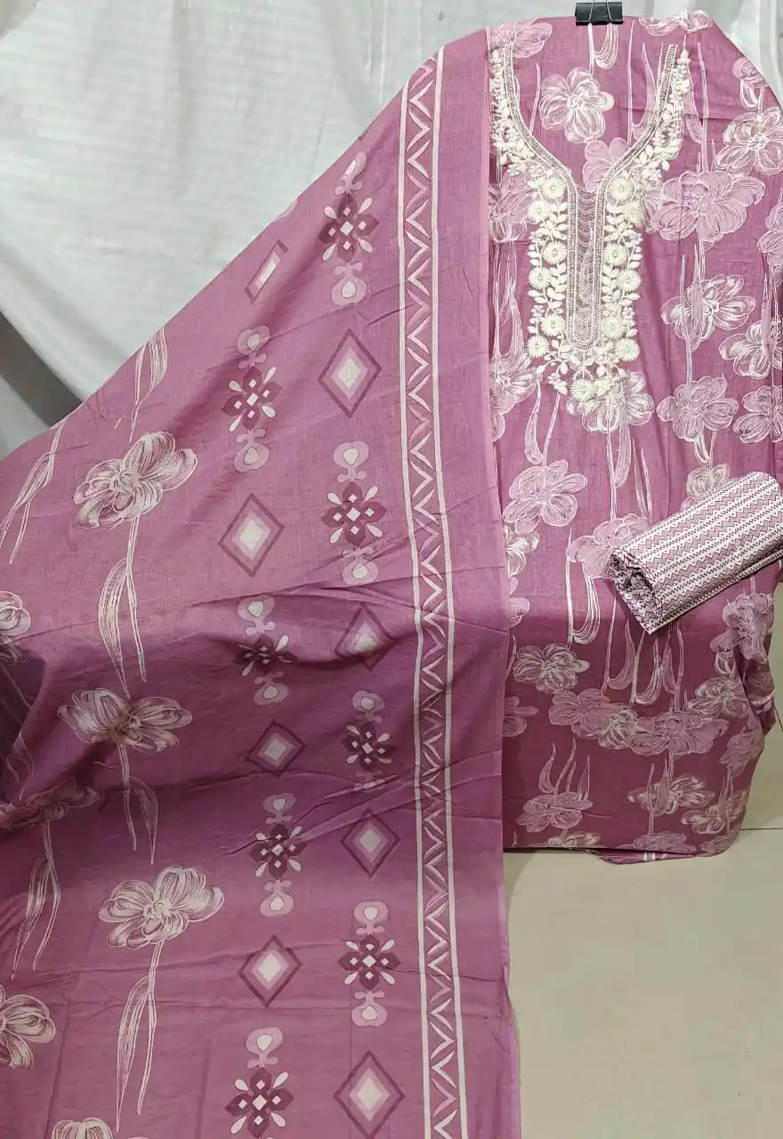 A lovely dusty rose purple cotton unstitched suit fabric by ASC, featuring a dense white line-art floral print, a matching embroidered vertical neck panel, a fine chevron patterned bottom cloth, and a coordinated rose dupatta adorned with distinct flower shapes and geometric borders.