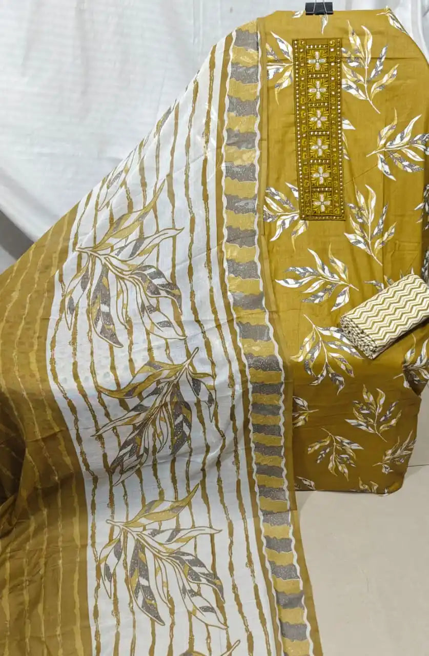 Mustard Floral Cotton Unstitched Dress Material By ASC