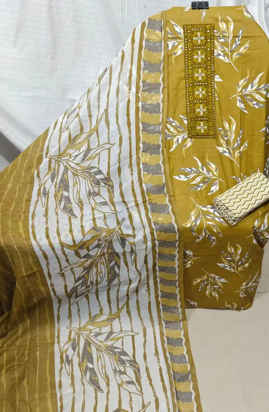 Mustard Floral Cotton Unstitched Dress Material By ASC