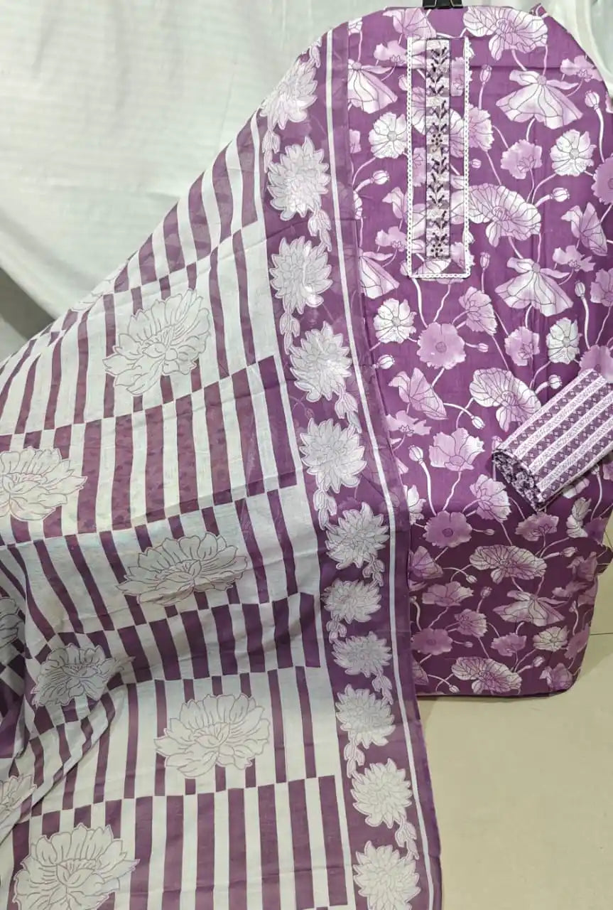 Royal Purple Cotton Unstitched Dress Material By ASC