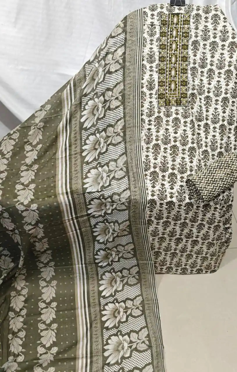 Olive Green Cotton Unstitched Dress Material By ASC
