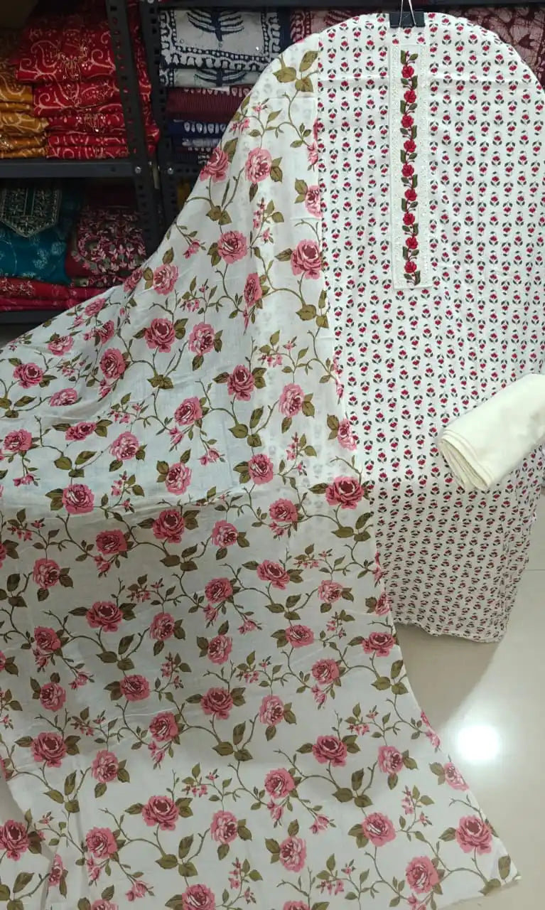 Off-White Cotton Unstitched Dress Material By ASC