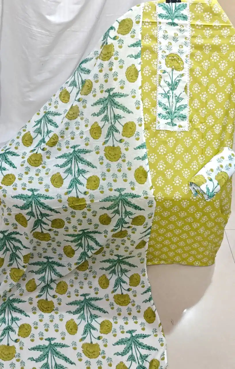 A refreshing lime green cotton unstitched dress material by ASC, decorated with a small white block-style floral design, an embroidered white neck patch with green flower artwork, a folded printed bottom, and a white dupatta featuring bold lime green floral motifs.
