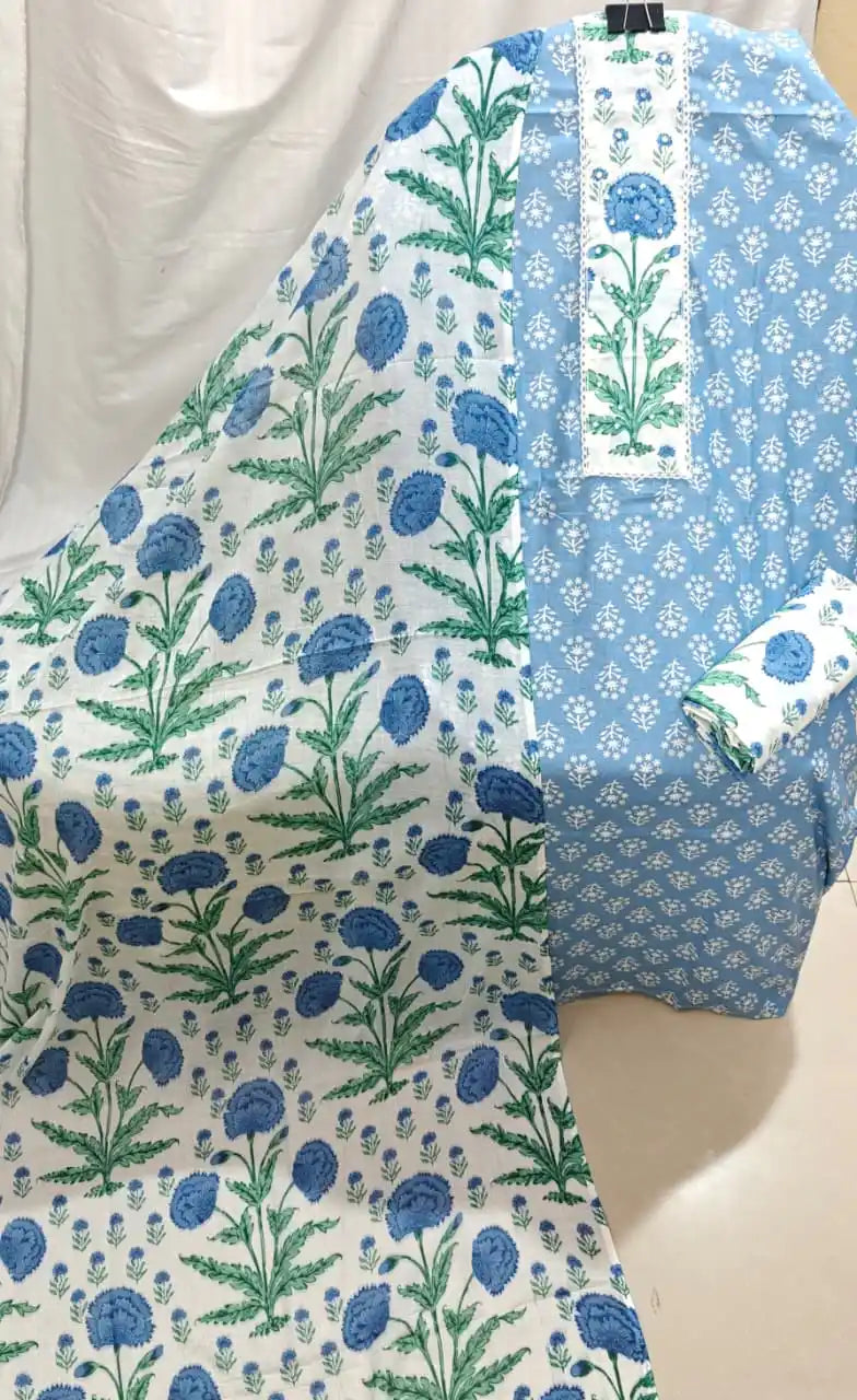A serene sky blue cotton unstitched dress material by ASC, featuring a fine white print on the kurta, a detailed white neck yoke with blue floral artwork, a matching bottom fabric, and a draped white cotton dupatta with striking blue floral motifs.