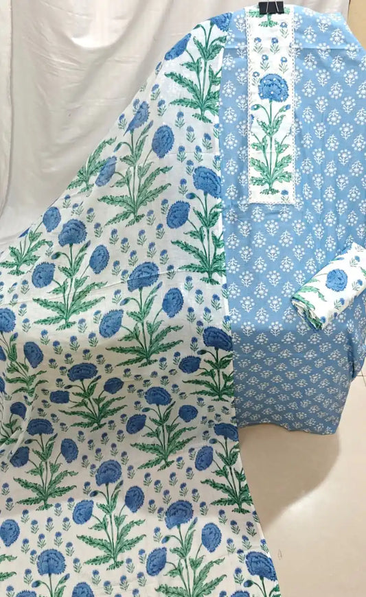 A serene sky blue cotton unstitched dress material by ASC, featuring a fine white print on the kurta, a detailed white neck yoke with blue floral artwork, a matching bottom fabric, and a draped white cotton dupatta with striking blue floral motifs.