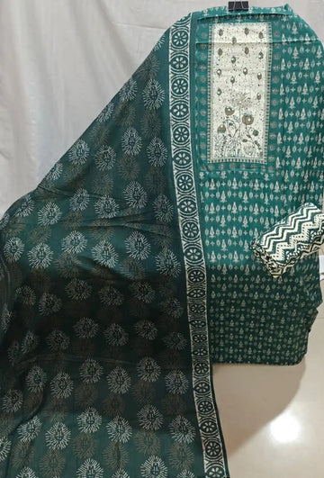 Dark Green Cotton Unstitched Dress Material By ASC