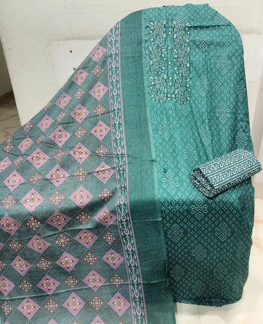 Unstitched Suit with Neck Embroidery & Cotton Dupatta