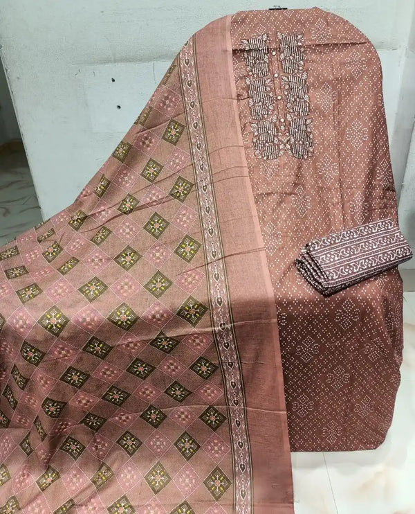 Unstitched Suit with Neck Embroidery & Cotton Dupatta