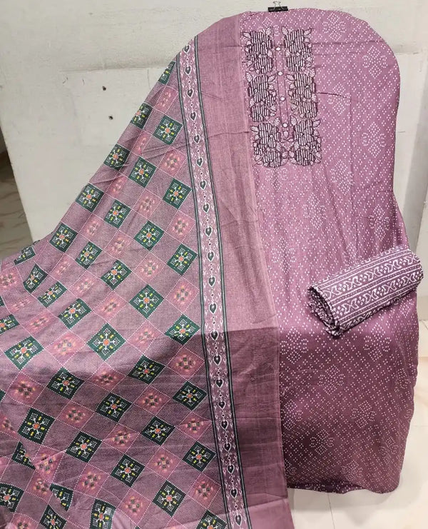 Unstitched Suit with Neck Embroidery & Cotton Dupatta