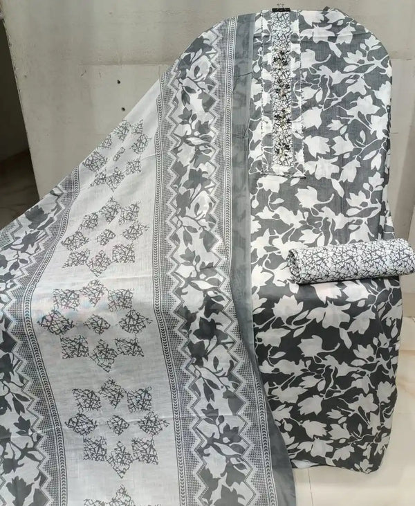 Unstitched Suit with Neck Embroidery & Cotton Dupatta