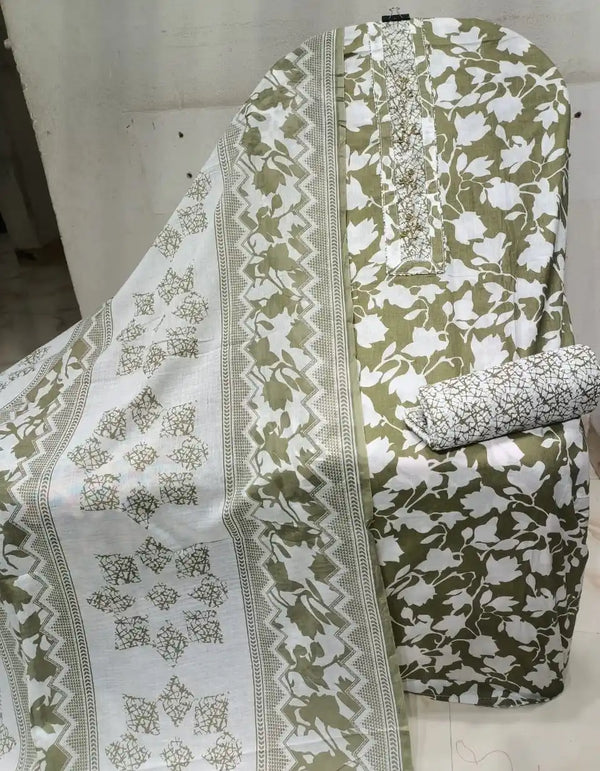 Unstitched Suit with Neck Embroidery & Cotton Dupatta