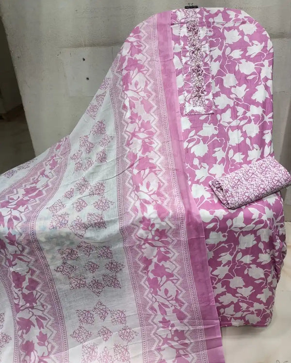 Unstitched Suit with Neck Embroidery & Cotton Dupatta