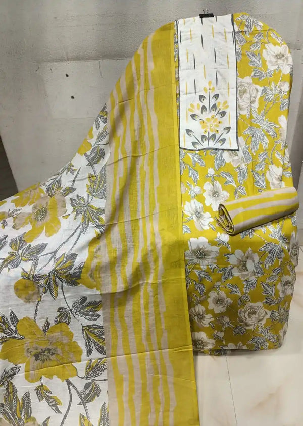 Unstitched Suit with Neck Embroidery & Cotton Dupatta