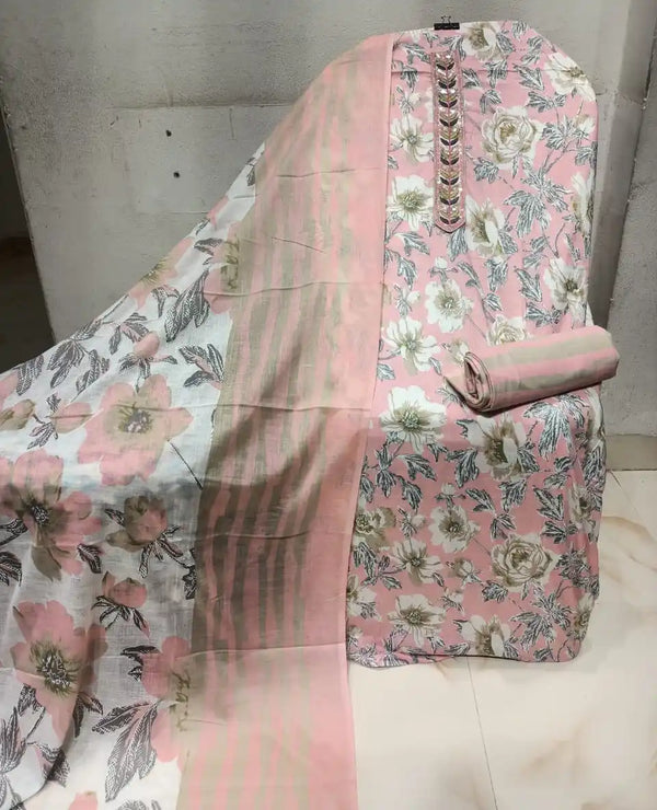 Unstitched Suit with Neck Embroidery & Cotton Dupatta