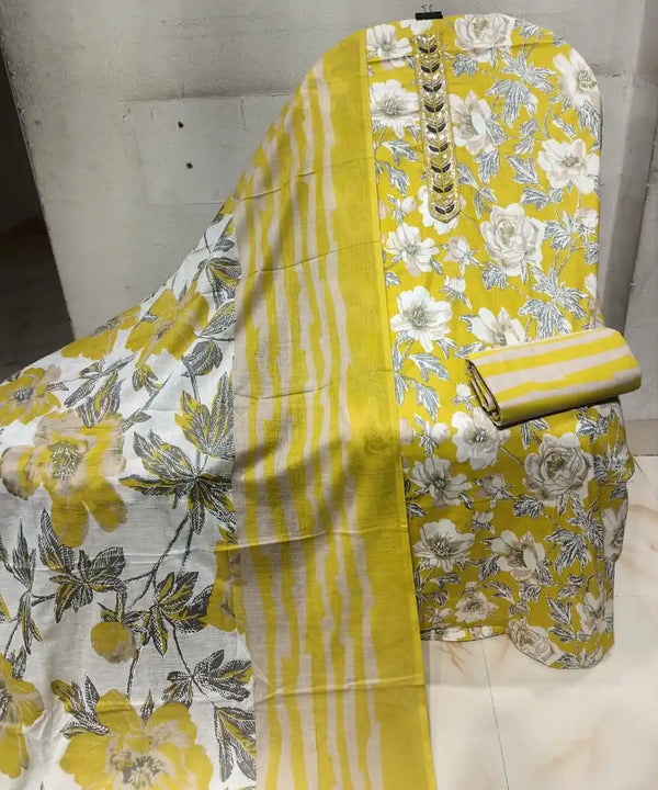 Unstitched Suit with Neck Embroidery & Cotton Dupatta