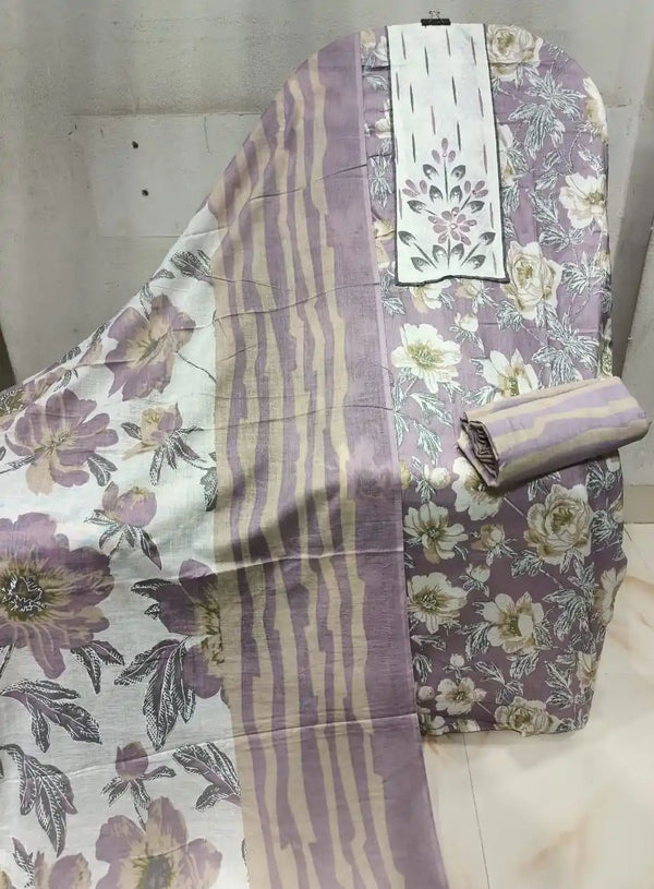 Unstitched Suit with Neck Embroidery & Cotton Dupatta