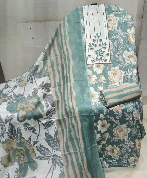 Unstitched Suit with Neck Embroidery & Cotton Dupatta