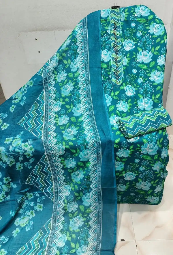 Unstitched Suit with Neck Embroidery & Cotton Dupatta
