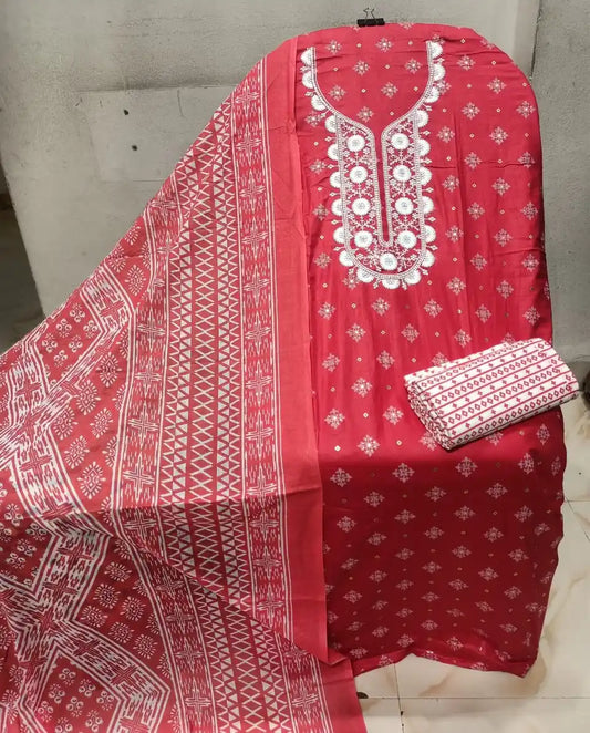 Unstitched Suit with Neck Embroidery & Cotton Dupatta