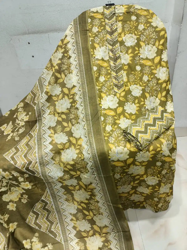 Unstitched Suit with Neck Embroidery & Cotton Dupatta