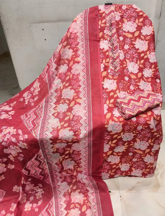 Unstitched Suit with Neck Embroidery & Cotton Dupatta