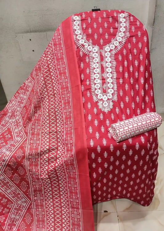 Unstitched Suit with Neck Embroidery & Cotton Dupatta
