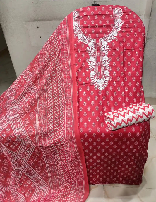 Unstitched Suit with Neck Embroidery & Cotton Dupatta
