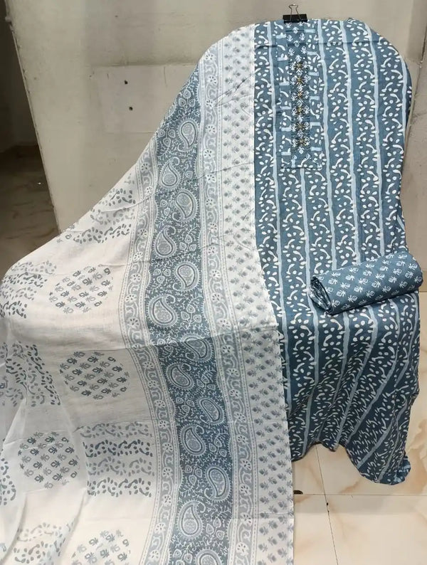 Unstitched Suit with Neck Embroidery & Cotton Dupatta